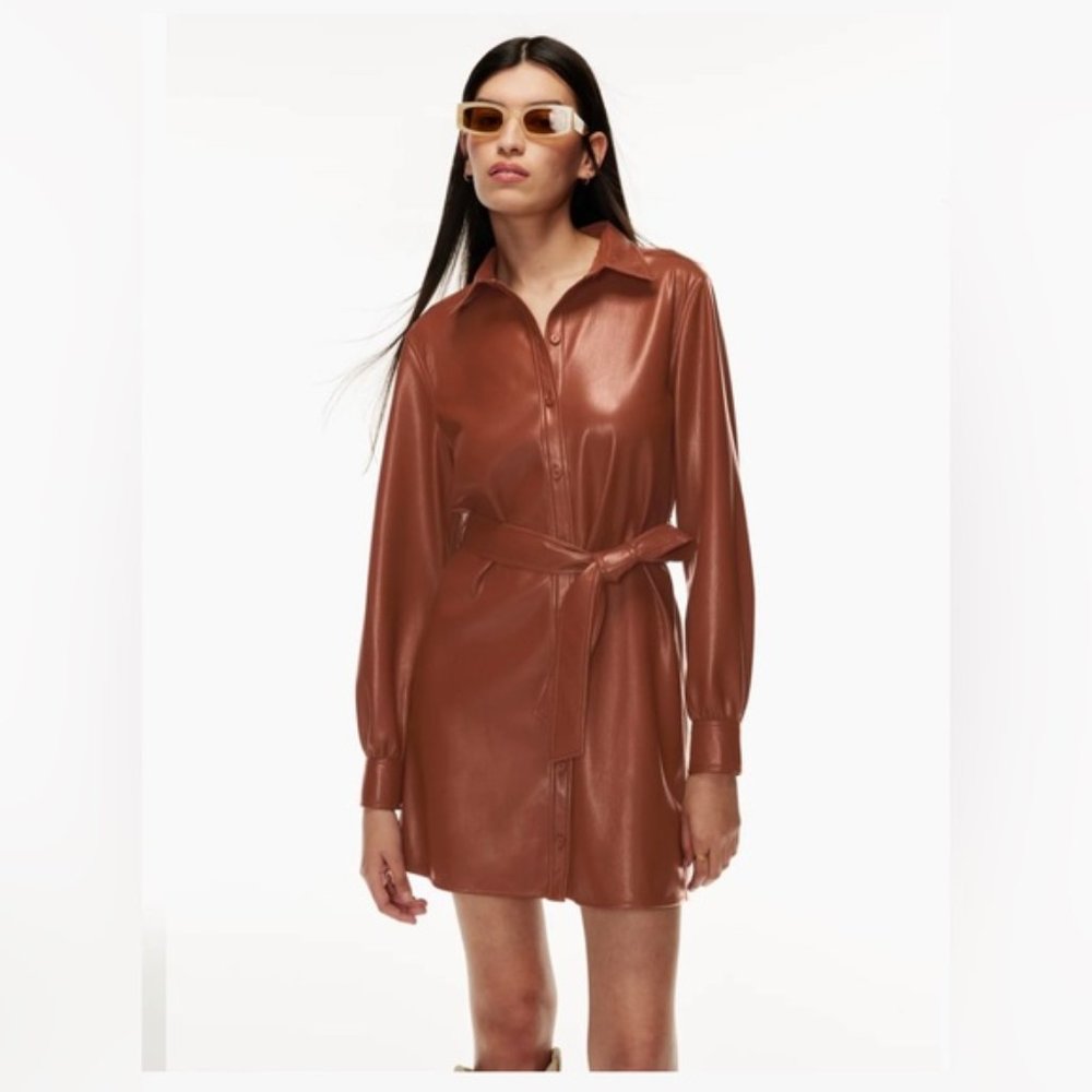 Aritzia Wilfred Vegan Leather Caroline Dress in Cognac